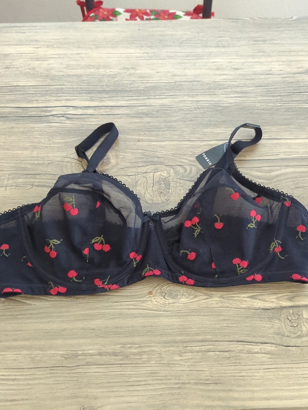 Torrid Black Mesh Bra with Red Cherry Embroidery 🍒